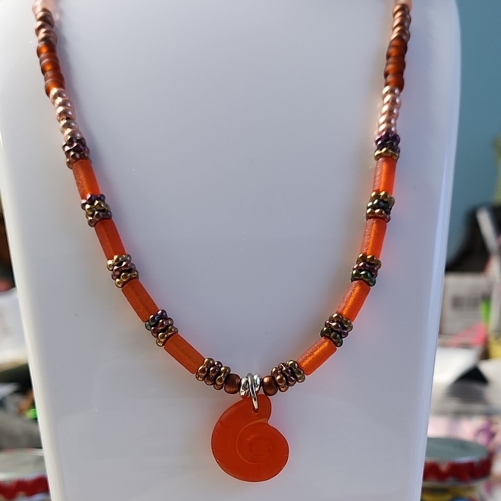 Orange and Brown Beaded Necklace with Seashell Pendant!